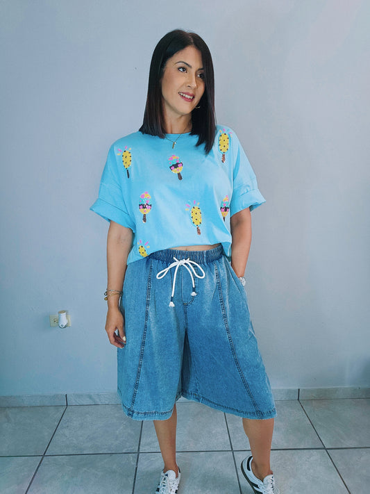 Wide Leg Denim Short